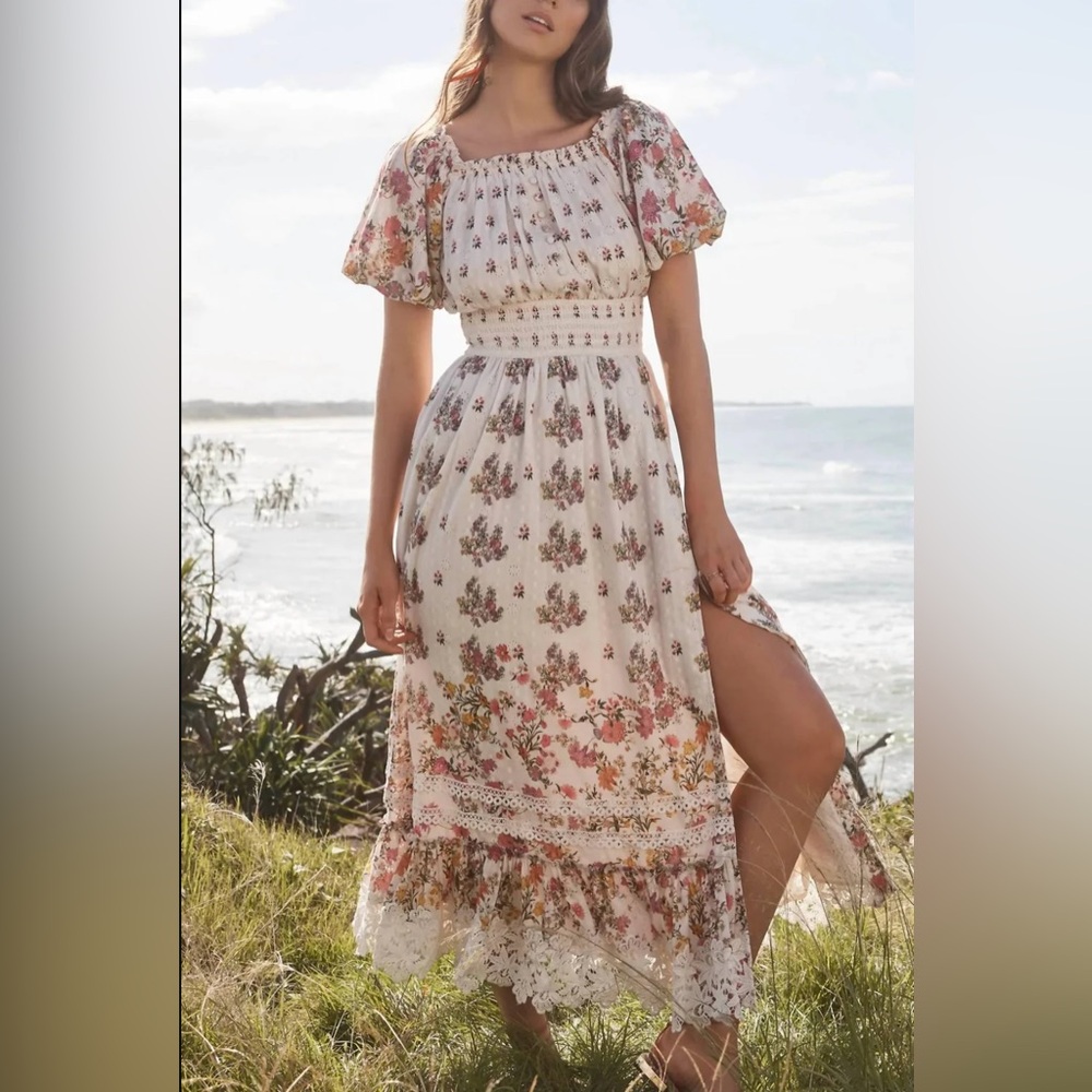 Hemant and nandita pria long dress short sleeve cotton embroidered floral